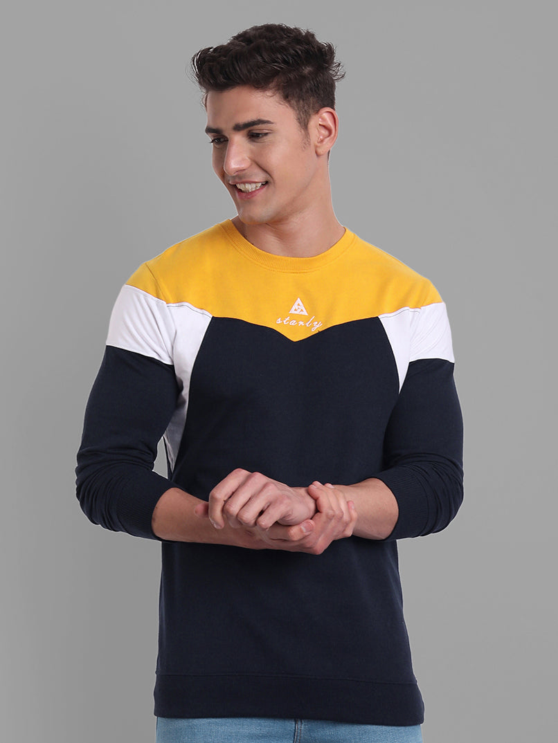 Men Navy-Blue-Coloured Colourblocked Cotton Sweatshirt