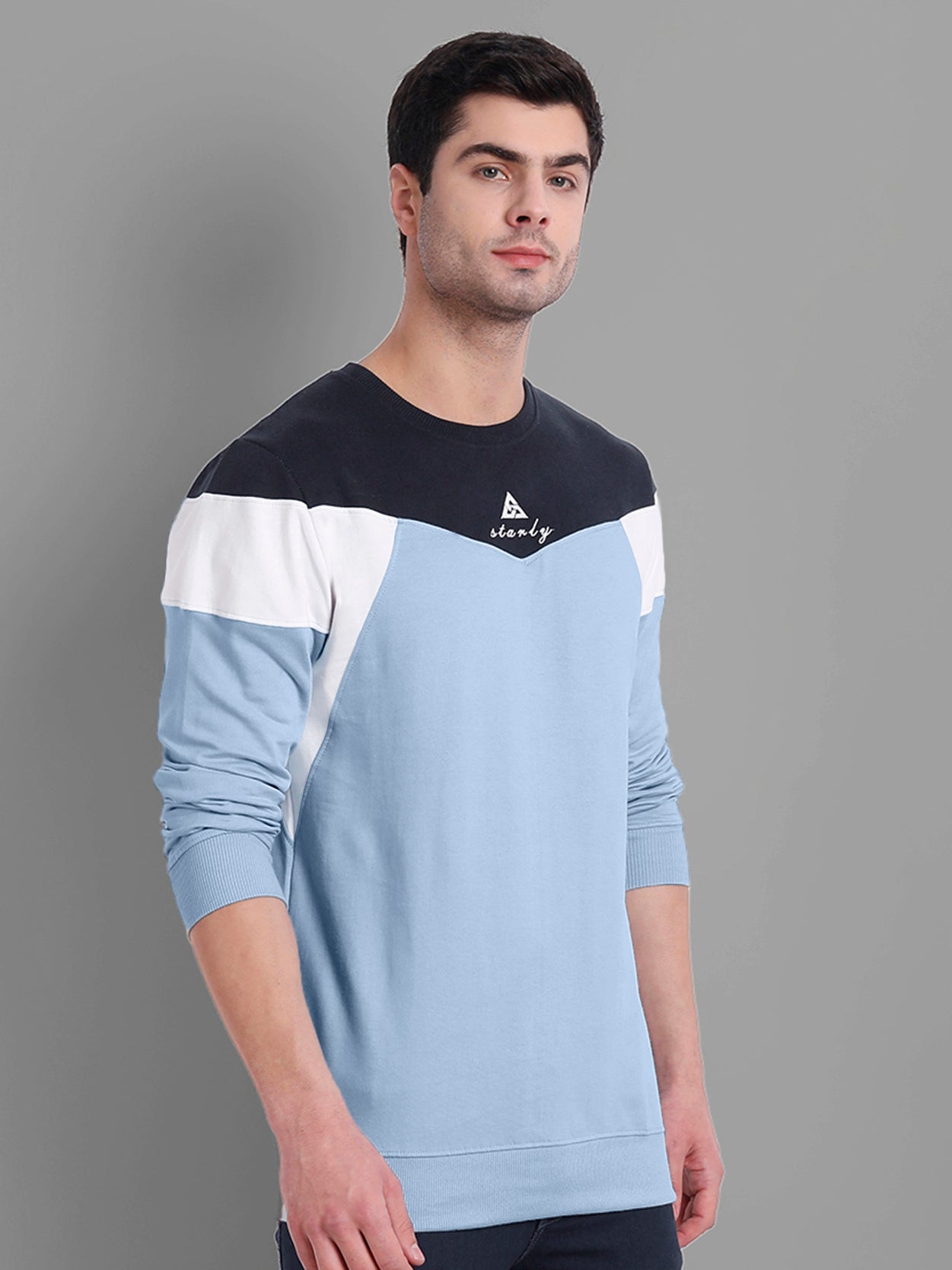 Men Sky Blue-Coloured Colourblocked Cotton Sweatshirt