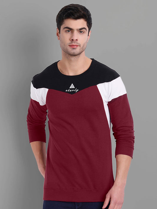 Men Maroon-Coloured Colourblocked Cotton Sweatshirt