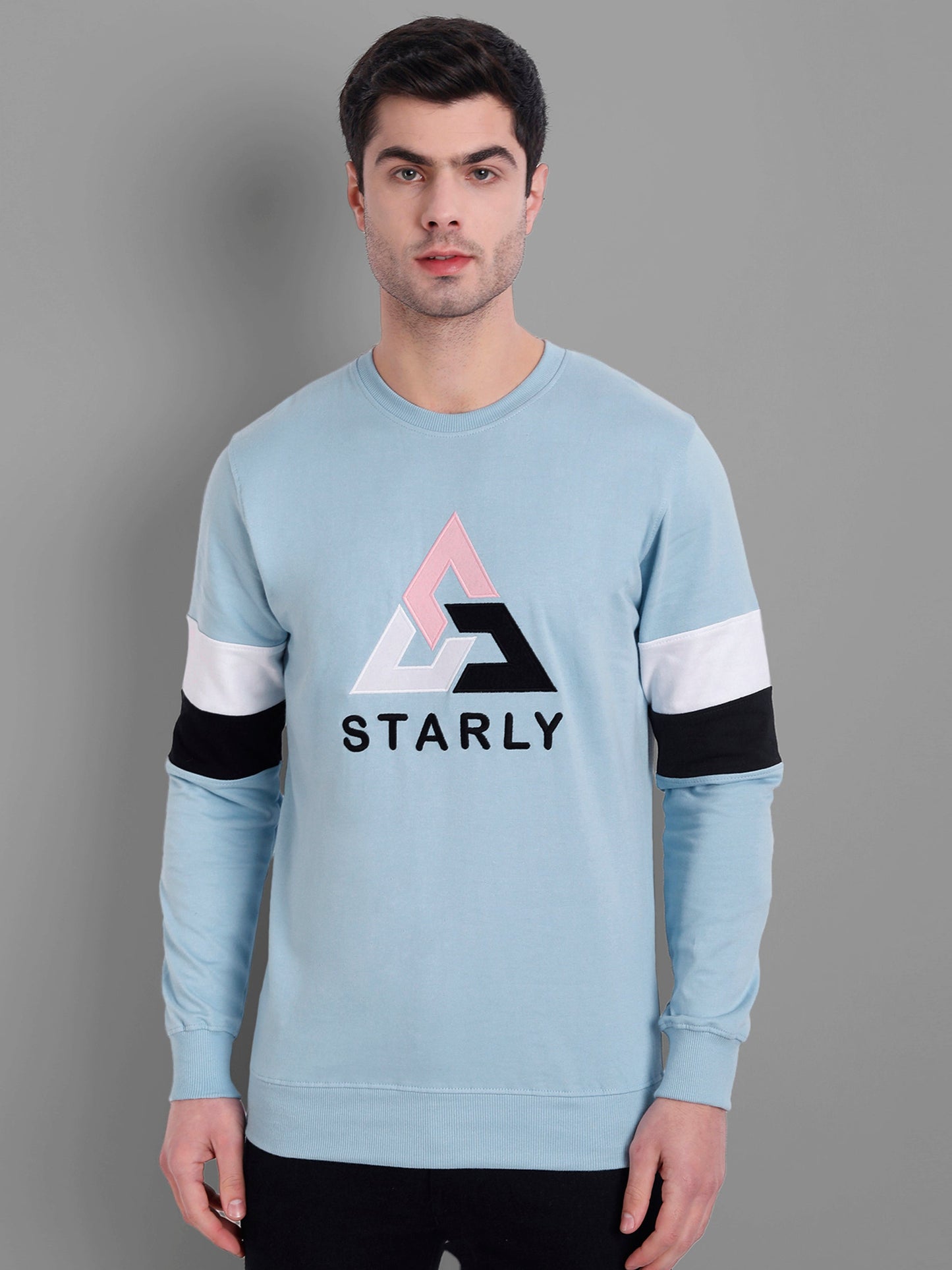 Men Sky-Blue Embroidered Sweatshirt