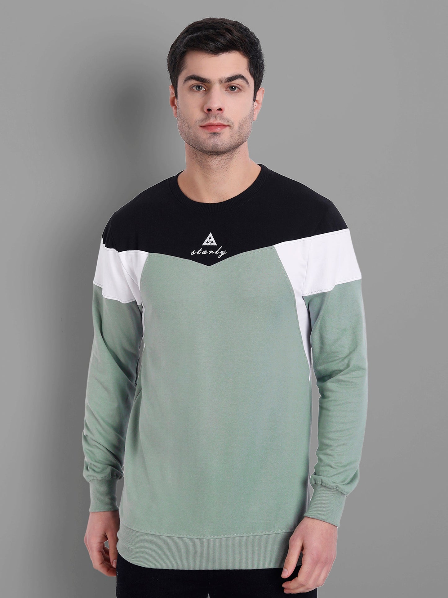 Men C-Green-Coloured Colourblocked Cotton Sweatshirt