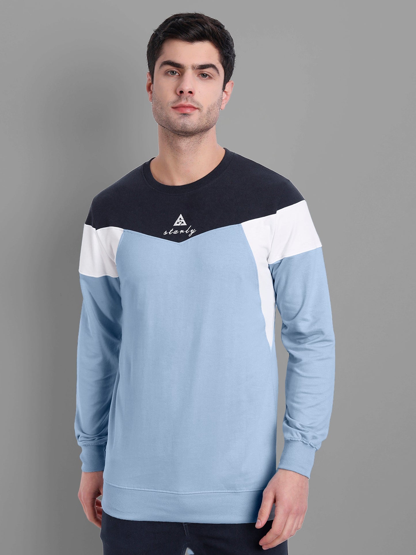 Men Sky Blue-Coloured Colourblocked Cotton Sweatshirt