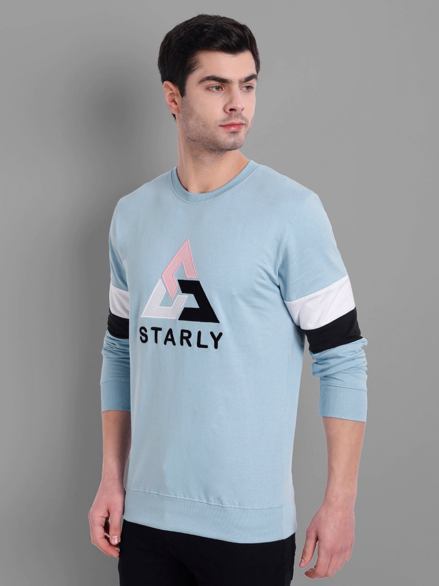 Men Sky-Blue Embroidered Sweatshirt