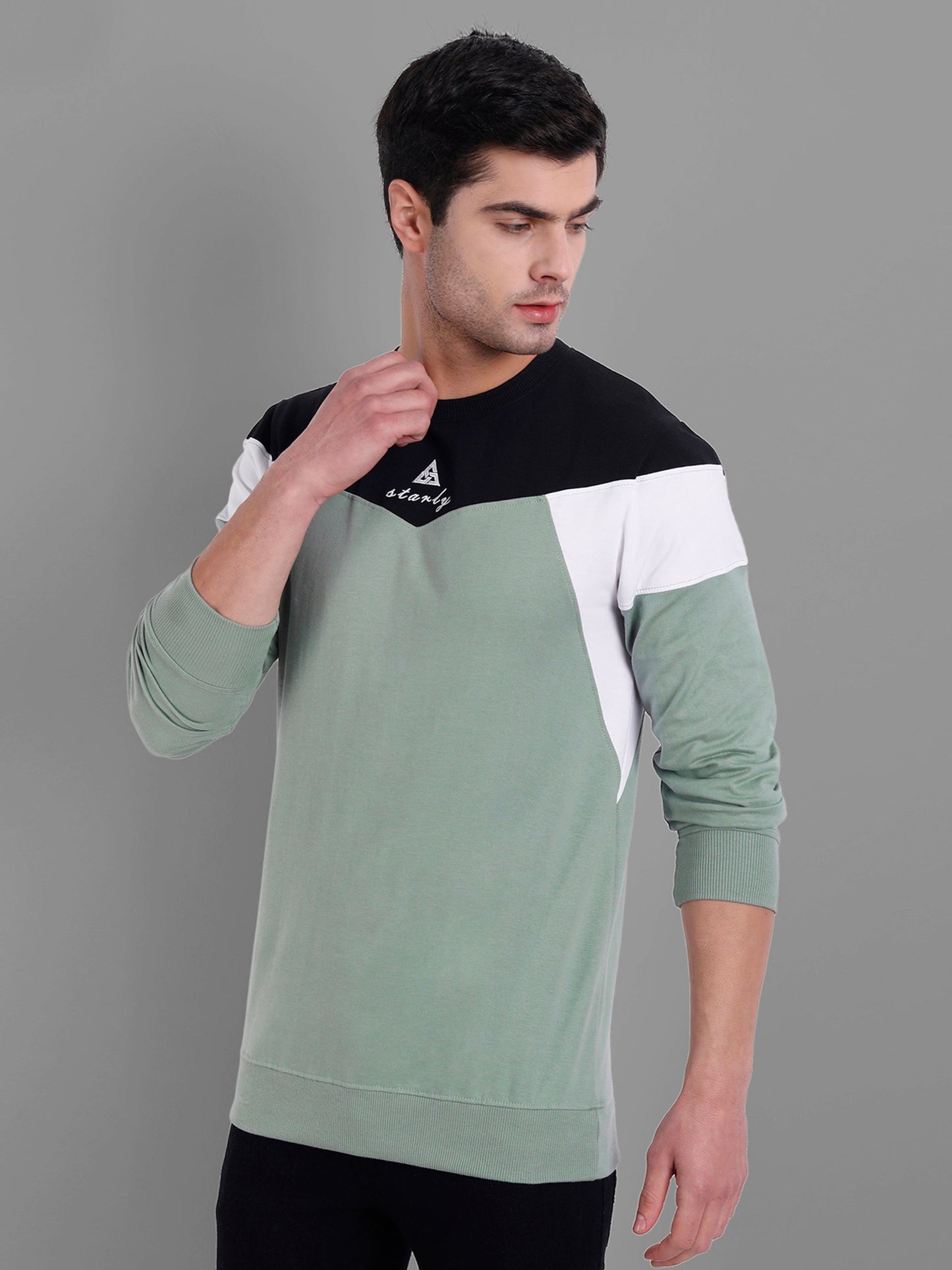 Men C-Green-Coloured Colourblocked Cotton Sweatshirt