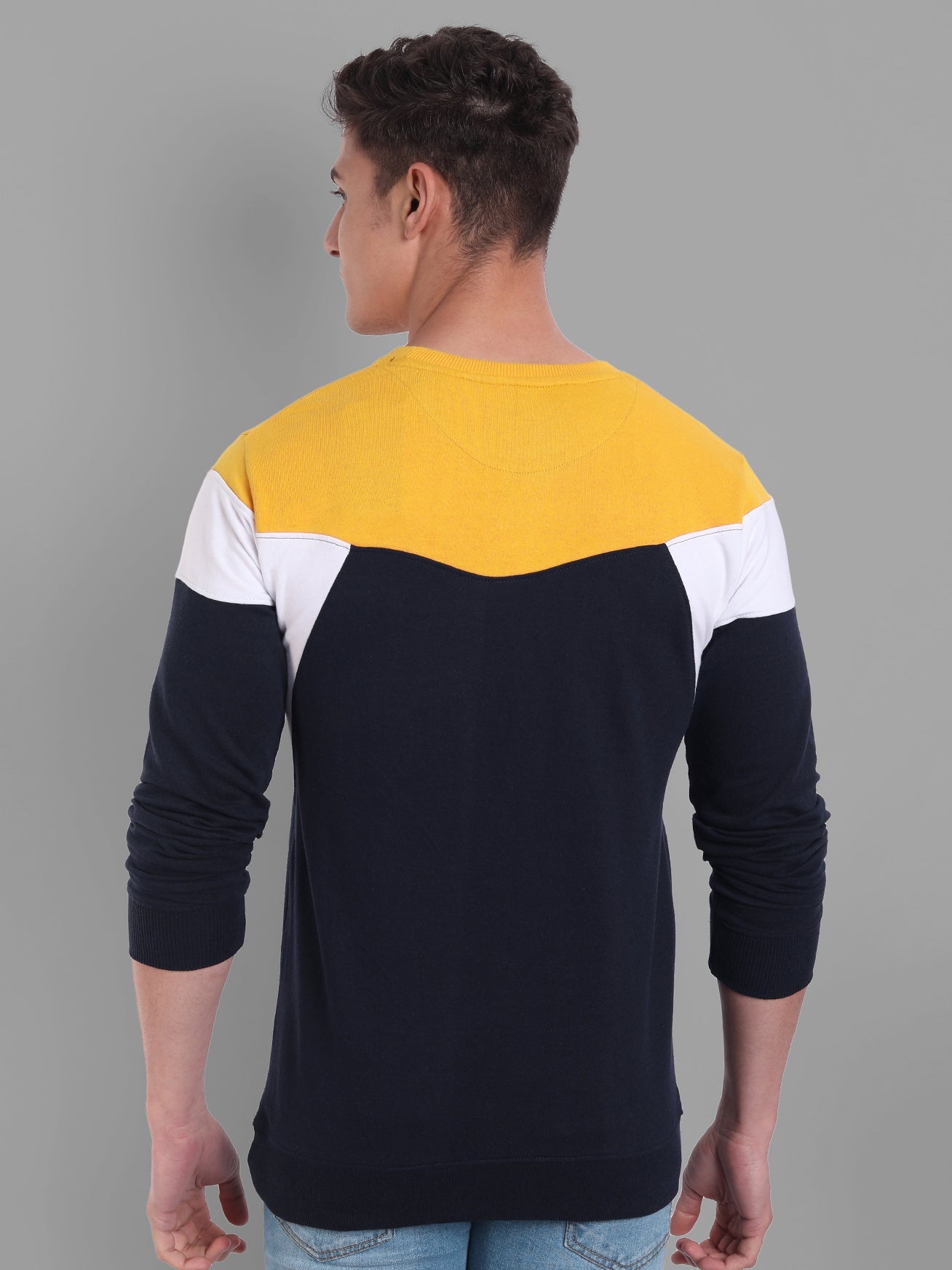 Men Navy-Blue-Coloured Colourblocked Cotton Sweatshirt