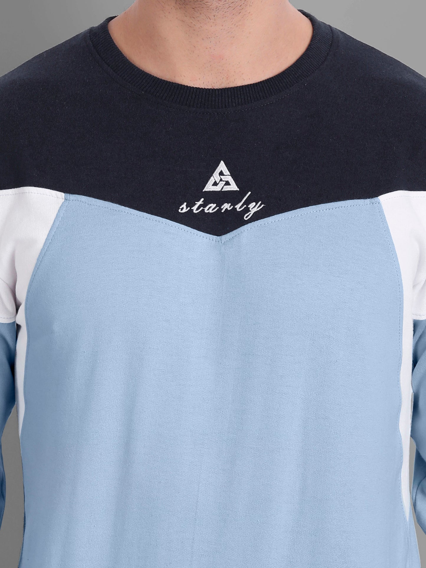 Men Sky Blue-Coloured Colourblocked Cotton Sweatshirt