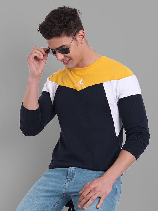 Men Navy-Blue-Coloured Colourblocked Cotton Sweatshirt