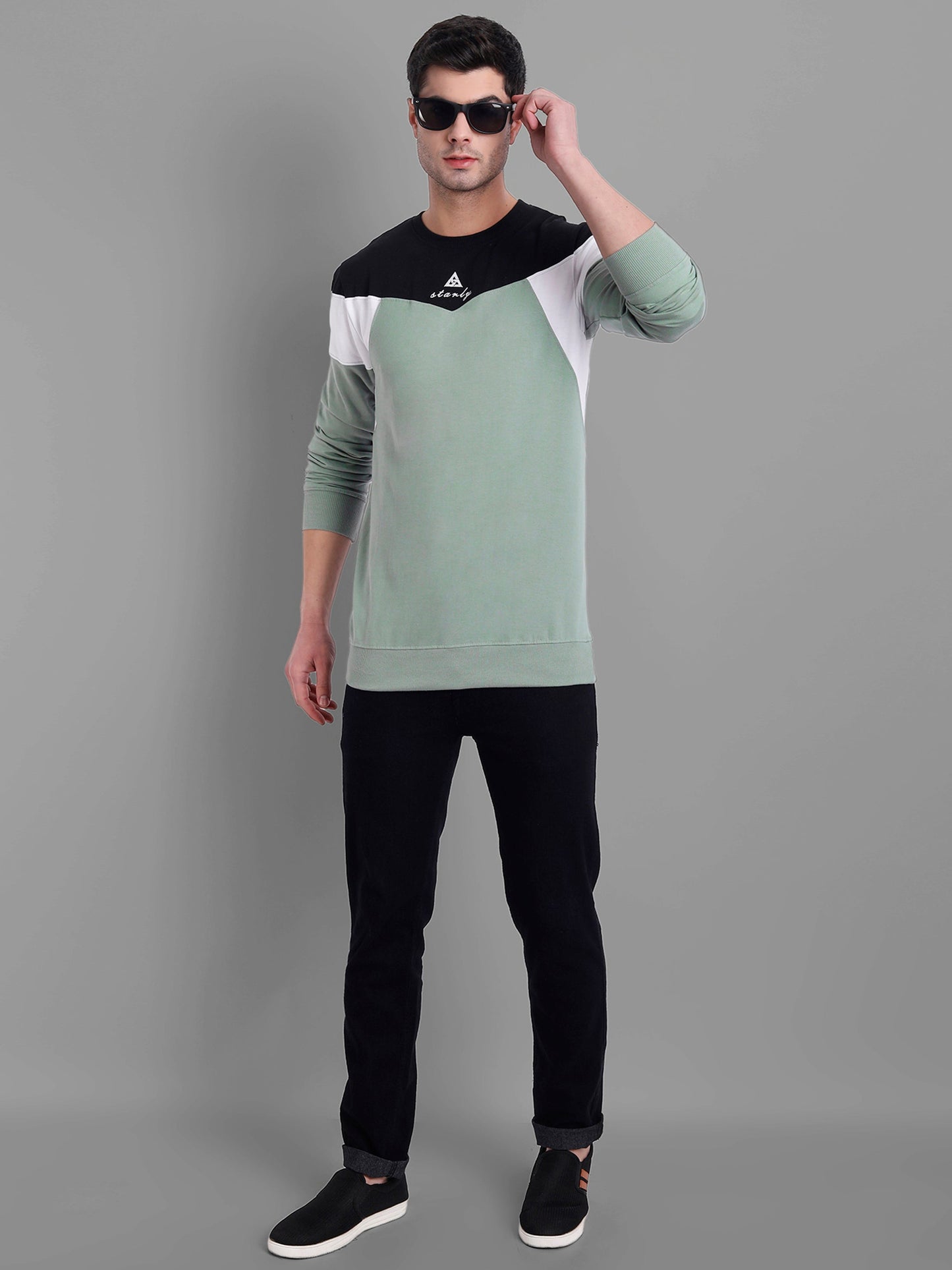 Men C-Green-Coloured Colourblocked Cotton Sweatshirt